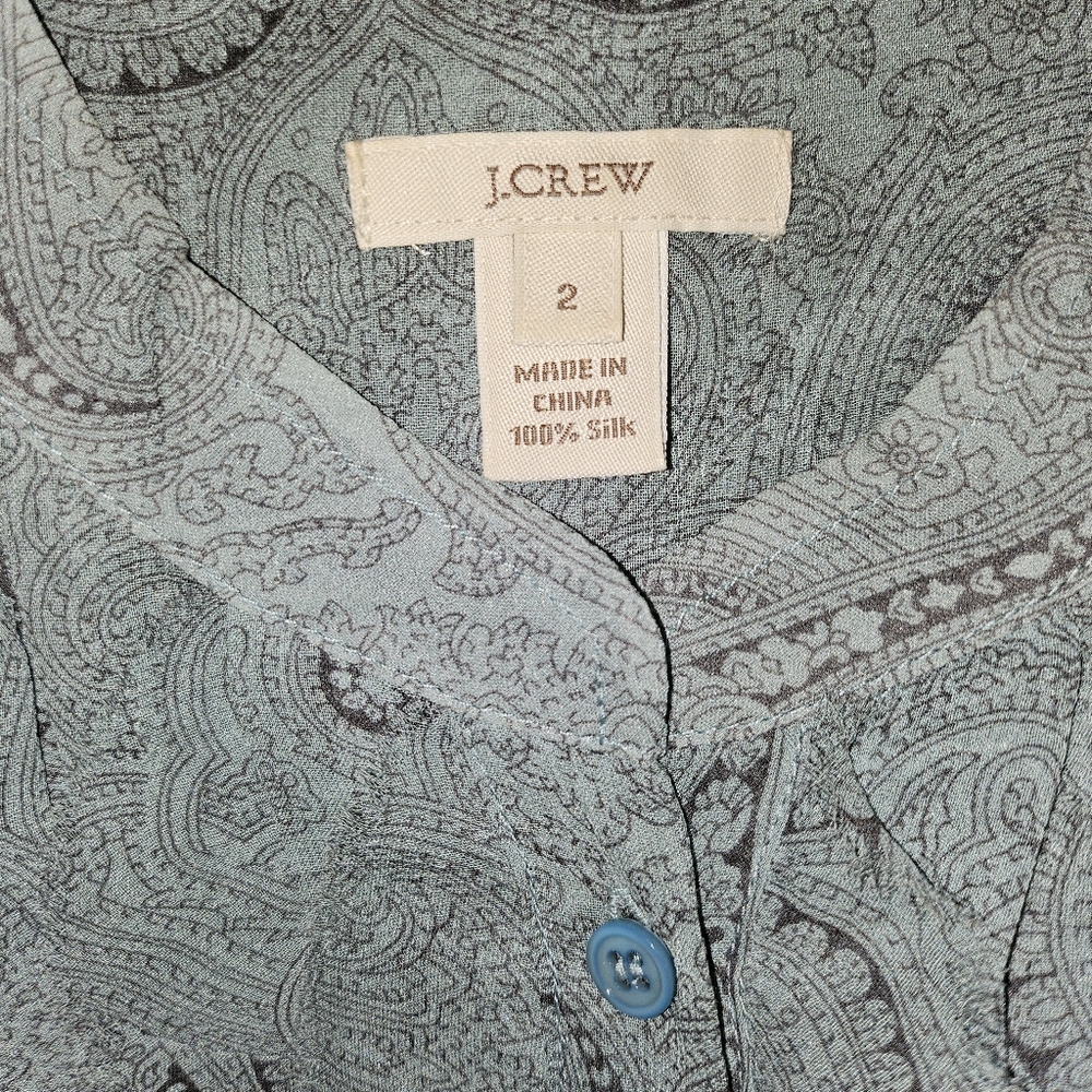 J.CREW Green Paisley 100% Silk Sheer Button Up Blouse Sz 2 Like New Condition - Picture 7 of 7